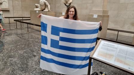 edith with flag in Room 18 small